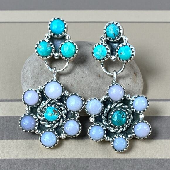 Turquoise Pink Opal Cluster Dangle Earrings Sterling Silver Southwestern 1.5” - Picture 1 of 6